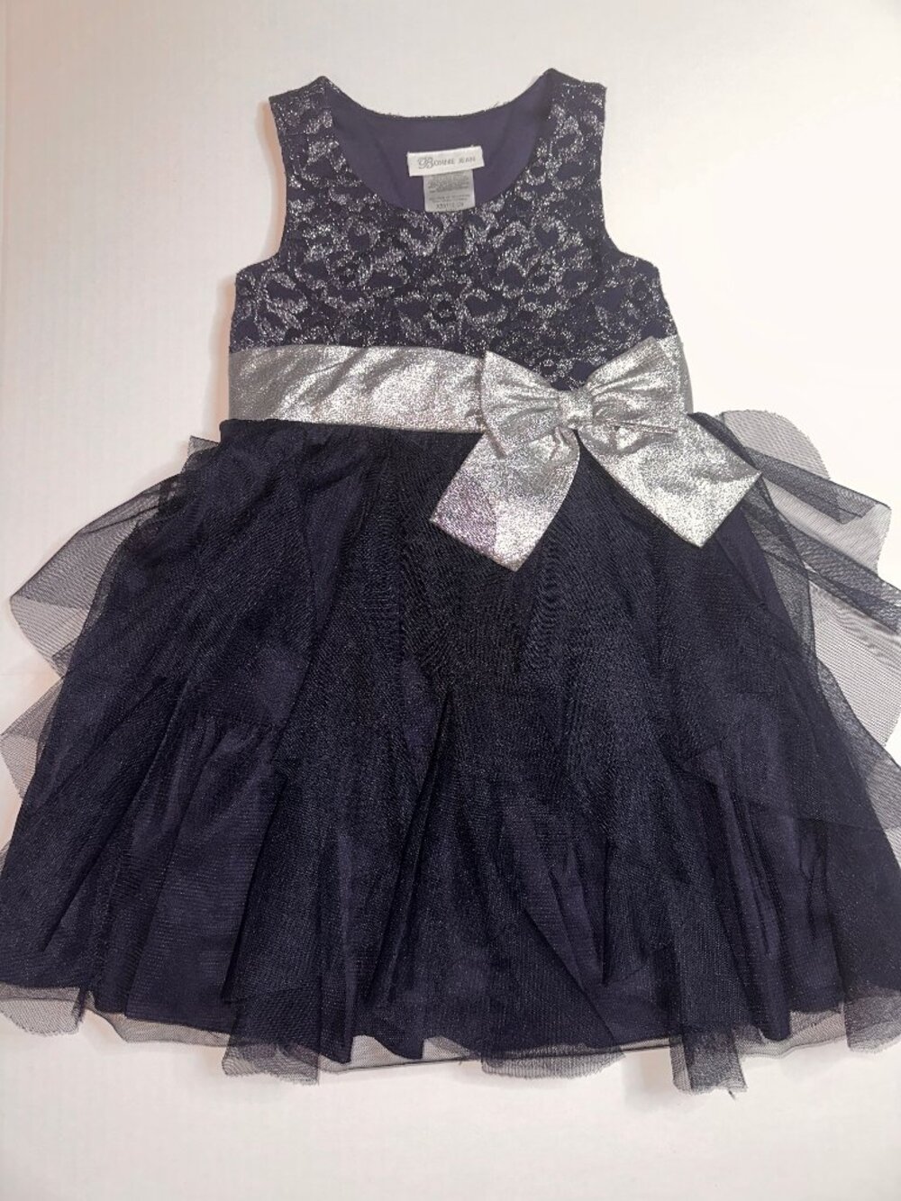 Bonnie Jean Girl's Size 5 Sleeveless Navy Blue & Silver Lace Party Dress  #723